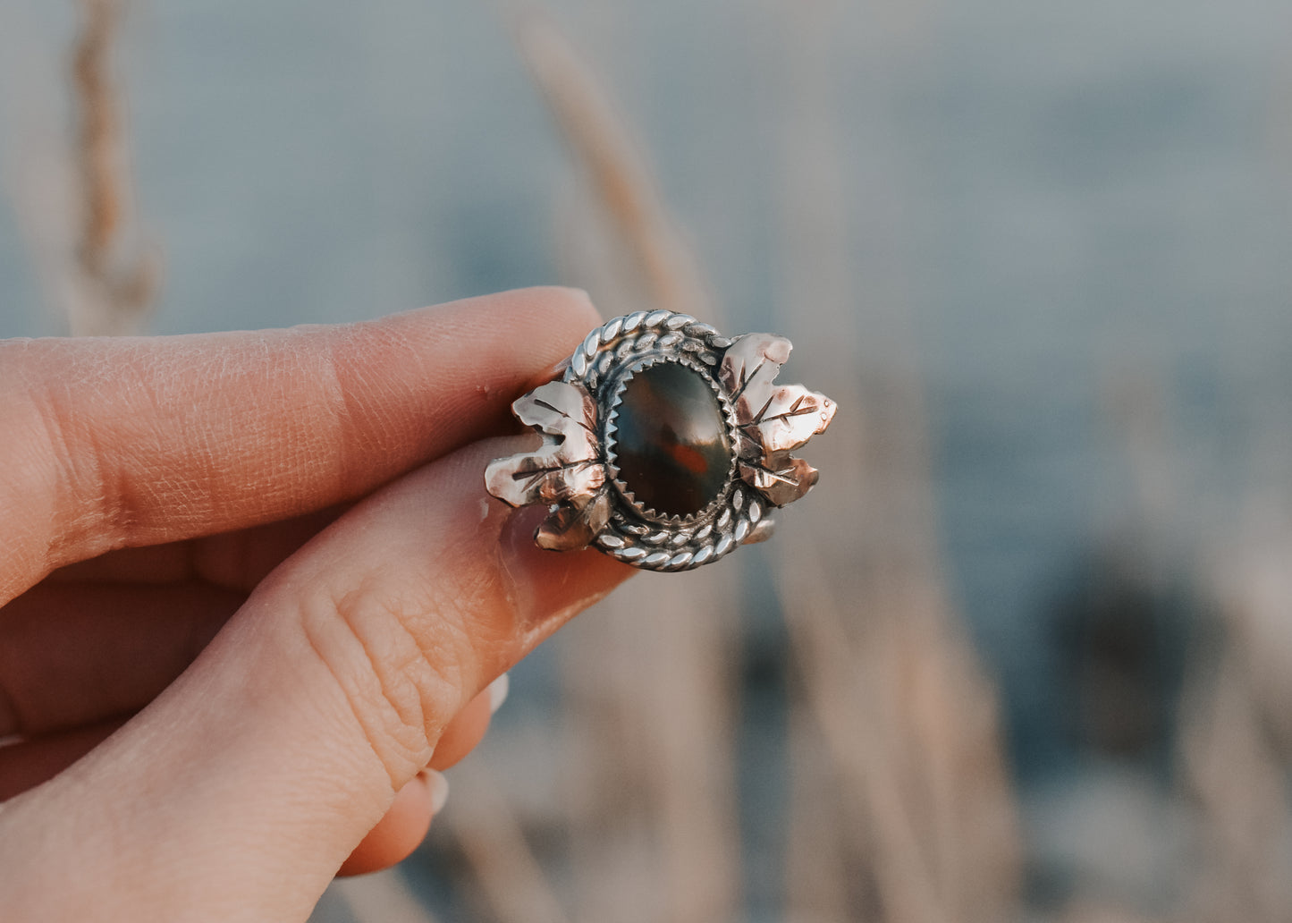 Green Jasper Leafy Twist Ring