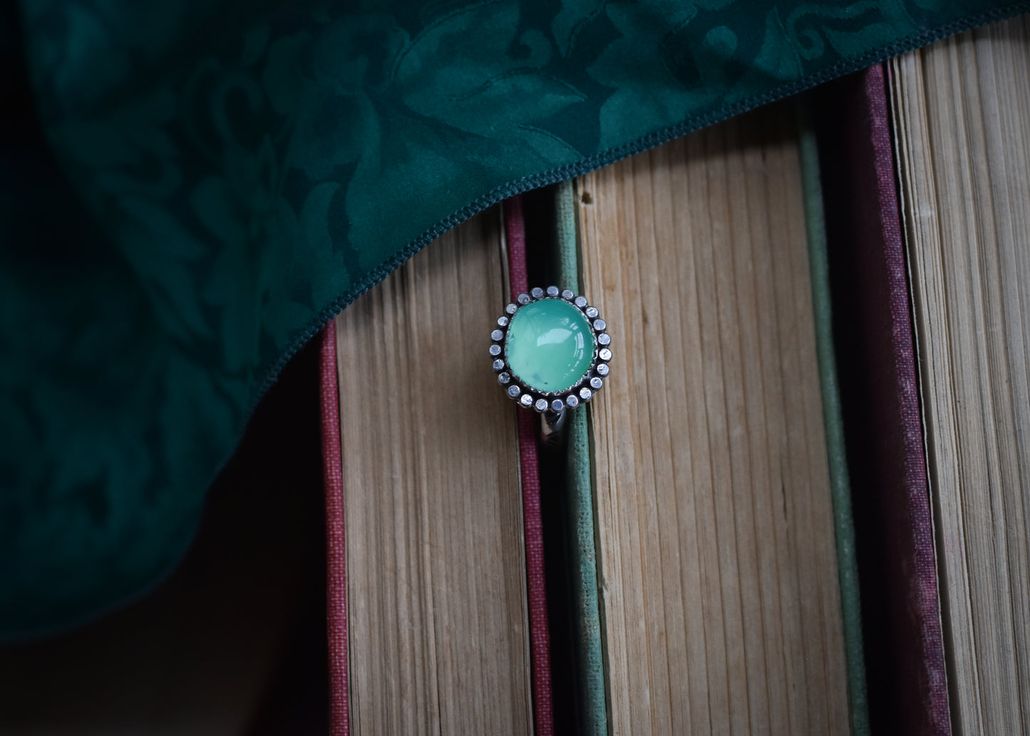 Chrysoprase stamped ring