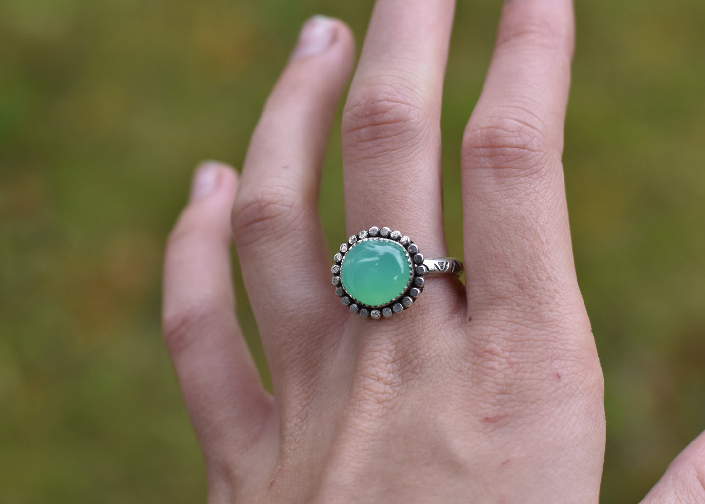 Chrysoprase stamped ring